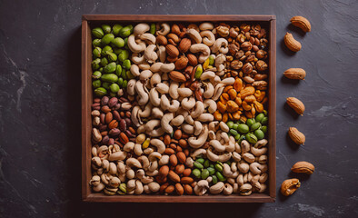 Aufkleber - A wooden tray filled with a variety of nuts and seeds. The tray is on a dark surface, and the nuts and seeds are scattered all over the tray