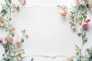 Poster - watercolor pink flowers bloom around the edges of a blank white page with a torn edge, delicate wate
