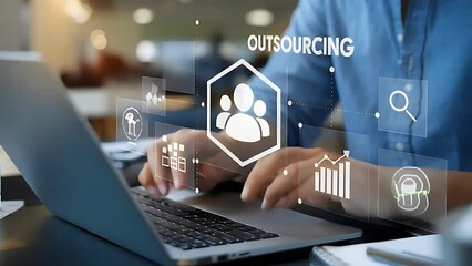 Poster - Global Outsourcing: Businessman using laptop, connecting worldwide, human resources, recruitment,   