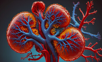 A close up of a red and blue organ with red veins. The organ is a kidney