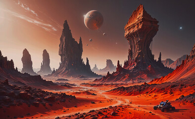 Poster - a desolate desert landscape with a blue car driving through it. the sky is filled with planets and s
