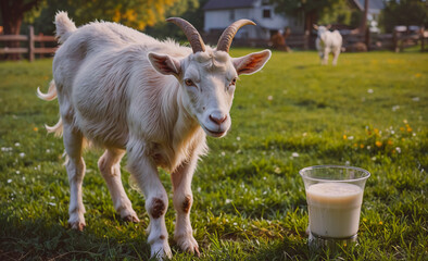 Poster - A white goat is standing in a field next to a glass of milk. The goat appears to be curious about the milk, and it seems to be enjoying the fresh grass around it