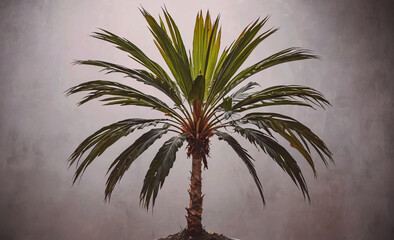 Poster - A palm tree is standing tall in front of a grey wall. The tree is the main focus of the image, and it is the only thing in the scene. The grey wall and the tree create a sense of calm
