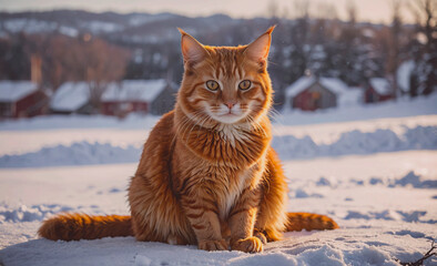 Poster - A cat is sitting in the snow, looking at the camera. The cat is orange and has long fur. The scene is peaceful and quiet, with the snow covering the ground and the cat looking out into the distance