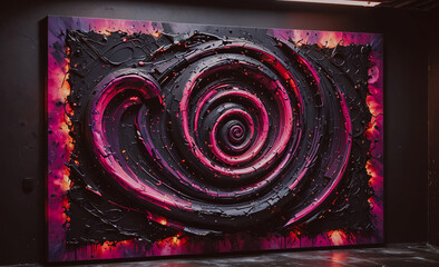 Poster - A large, abstract painting of a spiral with a heart in the middle. The painting is black and red with a lot of texture and detail. The mood of the painting is intense and mysterious, with the spiral