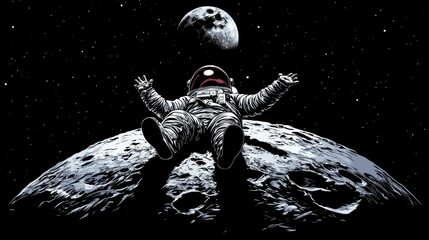 Wall Mural - astronaut floats serenely on moon's surface, gazing at earth's moon and stars.
