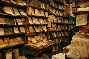 Poster - Overflowing bookshelves in a vintage bookstore, with stacks of books and sunlight streaming, A vintage bookstore with shelves overflowing with love letters and poetry books