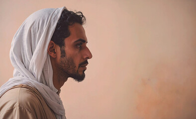 Poster - A man wearing a white scarf and a white hat is looking at the camera. The image has a calm and peaceful mood, as the man is in a contemplative state