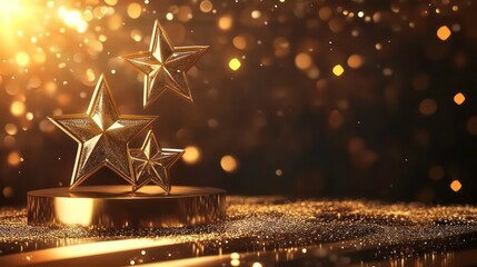 Canvas Print - award ceremony background and 3d gold luxury star element on the podium and glitter light effects de