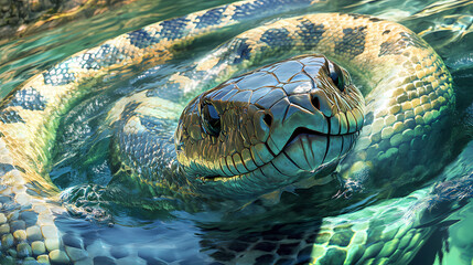 Wall Mural - Anaconda surface encounter emerald scales underwater habitat wildlife photography exotic environment close-up view serpentine majesty. Exotic Wildlife Encounter. Illustration