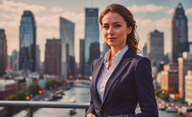 Poster - A woman in a business suit stands on a bridge overlooking a city. She is smiling and looking out over the water