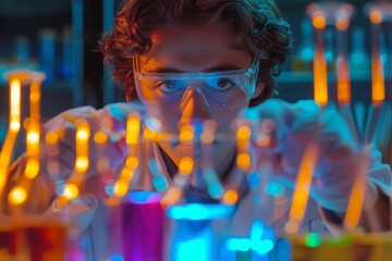 Poster - A student performs a science experiment in a lab, focusing intently on their work, A student conducting an experiment in a science lab