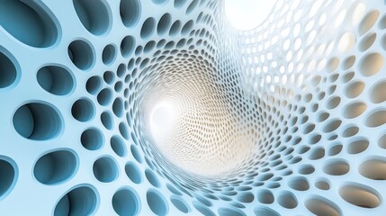 Poster - abstract swirling tunnel with repeating oval holes, light blue and white, futuristic design.