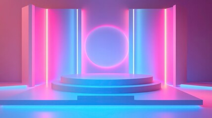 Poster - Neon light illuminated circular stage with pink and blue glowing lines.