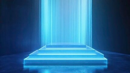 Poster - Beautiful futuristic technological light blue podium with light neon panels for product presentation