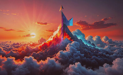 Poster - A colorful mountain with a sun in the sky. The sun is shining brightly and the sky is filled with clouds. The mountain is surrounded by a colorful sky, giving the image a dreamy and surreal feel