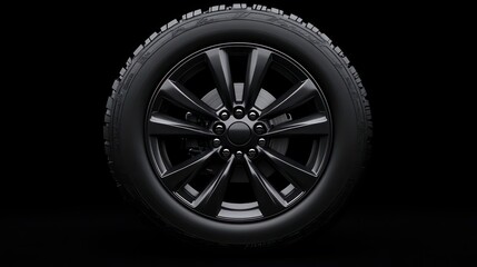 Wall Mural - black car wheel rim and tire showing tread pattern on dark background