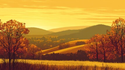 Wall Mural - Autumnal Hills at Sunset: A Serene Landscape