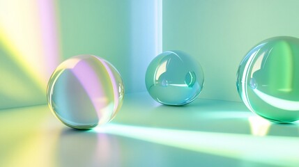 Poster - Three iridescent glass spheres in a pastel green room with light rays.