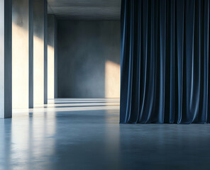 Poster - Mysterious Interior: A Blue Curtain Unveils a Concrete Hallway