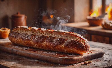 Poster - A long loaf of bread is baking in the oven, with steam rising from it. The bread is placed on a wooden cutting board, and there are bowls and a pot nearby. Concept of warmth and comfort