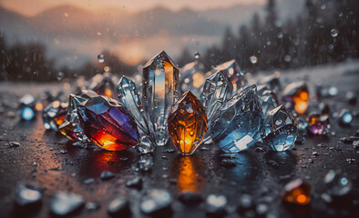 Poster - A collection of colorful crystals are arranged on a dark surface. The colors of the crystals are blue, red, and yellow