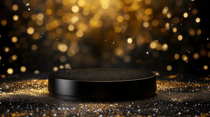 Wall Mural - black podium product stage with spotlight and golden glitter background