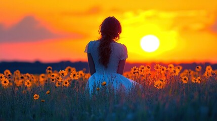 Poster - Woman in white dress watches sunset over sunflower field