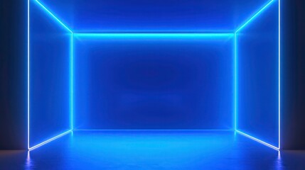 Poster - Blue neon background, empty interior futuristic architecture.