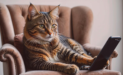 Poster - A cat is laying on a chair with a cell phone in its paw. The cat appears to be curious about the phone and is looking at it intently