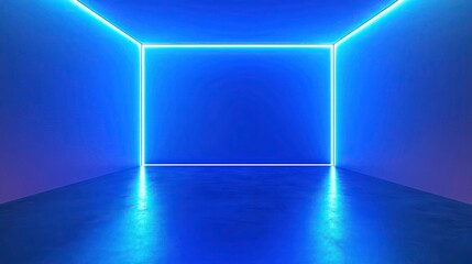 Poster - Blue neon background, empty interior futuristic architecture.