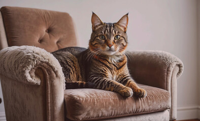 Poster - A cat is laying on a chair with its head tilted to the side. The chair is brown and has a fluffy cushion