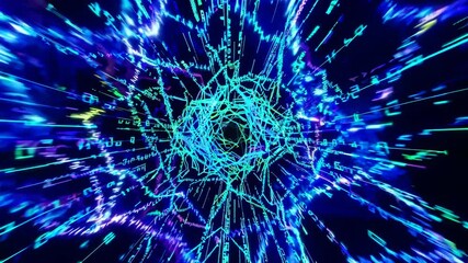 Poster - Dynamic digital vortex of glowing green and blue data streams. Futuristic cyberspace visualization. Abstract technology concept for AI, big data, and virtual reality