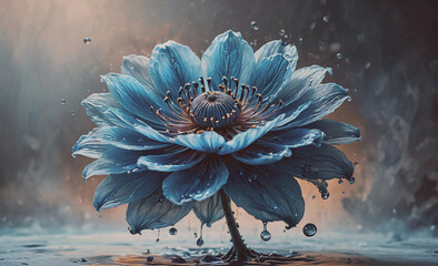 Poster - A blue flower with water droplets on it. The image has a calming and serene mood, as the water droplets create a peaceful atmosphere
