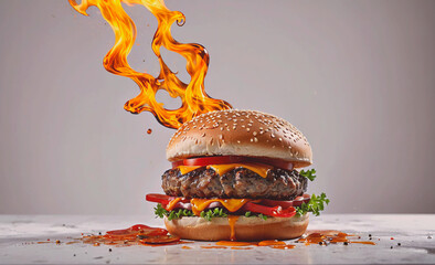 Poster - A hamburger with a flame on top of it. The flame is made of melted cheese. The hamburger is on a table