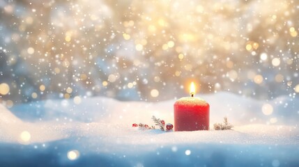 Canvas Print - christmas background - red candle in winter snow landscape background - blank greeting card with mag