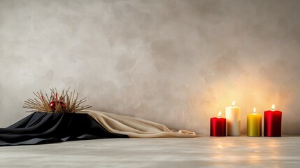 Aufkleber - A white wall with candles on it. The candles are red, green, and yellow. The candles are lit and the wall is bare
