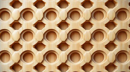 Aufkleber - Geometric wood panel with repeating circular and hexagonal cutouts.