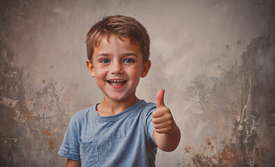 Wall Mural - A young boy is smiling and giving a thumbs up. Concept of happiness and positivity