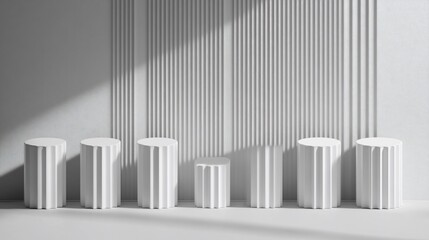 Poster - Minimalist white cylindrical podiums against a grooved wall with sunlight.