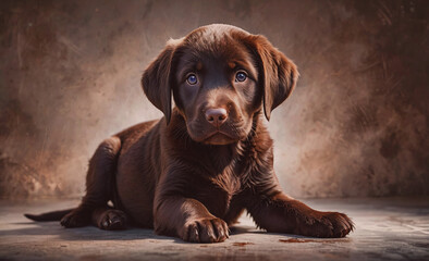 Poster - A brown puppy is laying on the ground with its eyes closed. The puppy is looking at the camera with a curious expression
