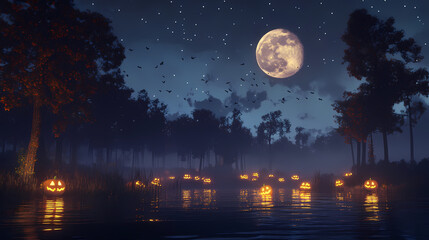 Wall Mural - A moonlit halloween night in ghostly forest features glowing pumpkins, creating an eerie yet enchanting atmosphere. full moon casts mystical light over scene. Mystical Moonlit Scene. Illustration