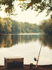 Poster - Tranquil fishing spot by serene lake with gear ready for a relaxing day outdoors. Generative AI