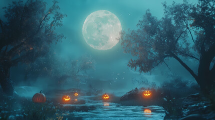 Wall Mural - A moonlit halloween night in ghostly forest features glowing pumpkins, creating an eerie yet enchanting atmosphere. full moon casts mystical light over scene. Mystical Moonlit Scene. Illustration