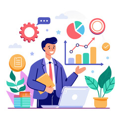 Poster - A sales manager is reviewing customer insights on a laptop, showcasing charts and graphs. The workspace is decorated with plants and reports, indicating a focus on data-driven decisions