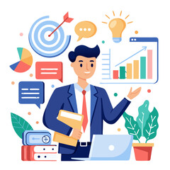 Poster - A sales manager analyzes various lead generation tools on a laptop, discussing strategies with team members to enhance performance and achieve targets