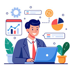 Poster - A sales manager actively uses CRM software on a laptop to monitor sales progress and analyze business metrics in a contemporary office setting, surrounded by plants