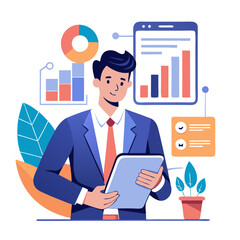 Poster - Sales manager in a suit reviews performance metrics on a tablet, surrounded by colorful charts and graphs, in a stylish office setting during the daytime