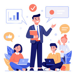 Poster - In a professional setting, a sales manager confidently shares success stories and case studies with a small group of employees. They are actively participating and taking notes