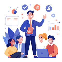 Poster - A sales manager stands confidently in front of a team, sharing success stories and case studies. The atmosphere is collaborative, highlighting achievement and strategy during a business meeting